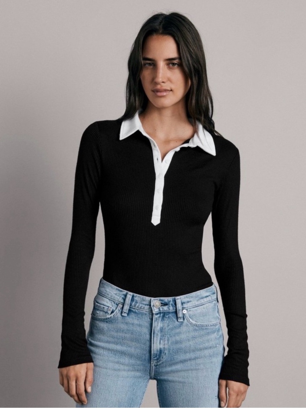 rag & bone Black Long-Sleeve Polo Top with White Collar LIKE NEW
